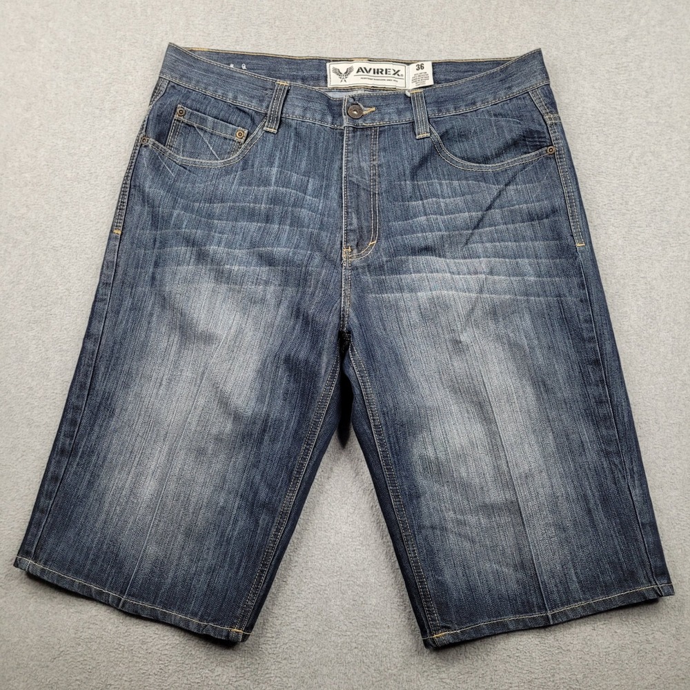Avirex Denim Shorts Mens 36x14 Blue Embroidered Back Pockets Y2K Hip Hop Baggy